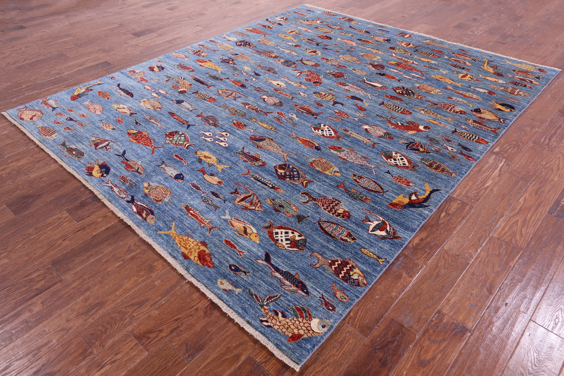 Blue Fish Design Persian Gabbeh Hand Knotted Wool Rug - 8' 0" X 9' 8" - Golden Nile