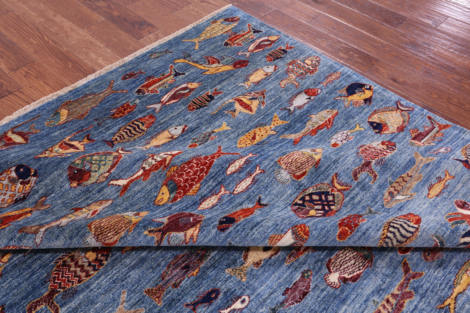 Blue Fish Design Persian Gabbeh Hand Knotted Wool Rug - 8' 0" X 9' 8" - Golden Nile