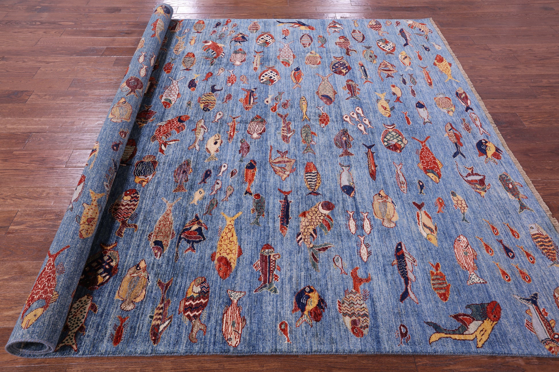 Blue Fish Design Persian Gabbeh Hand Knotted Wool Rug - 8' 0" X 9' 8" - Golden Nile