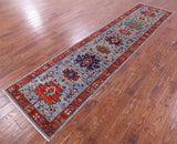 Blue Persian Fine Serapi Hand Knotted Wool Runner Rug - 2' 9" X 12' 0" - Golden Nile
