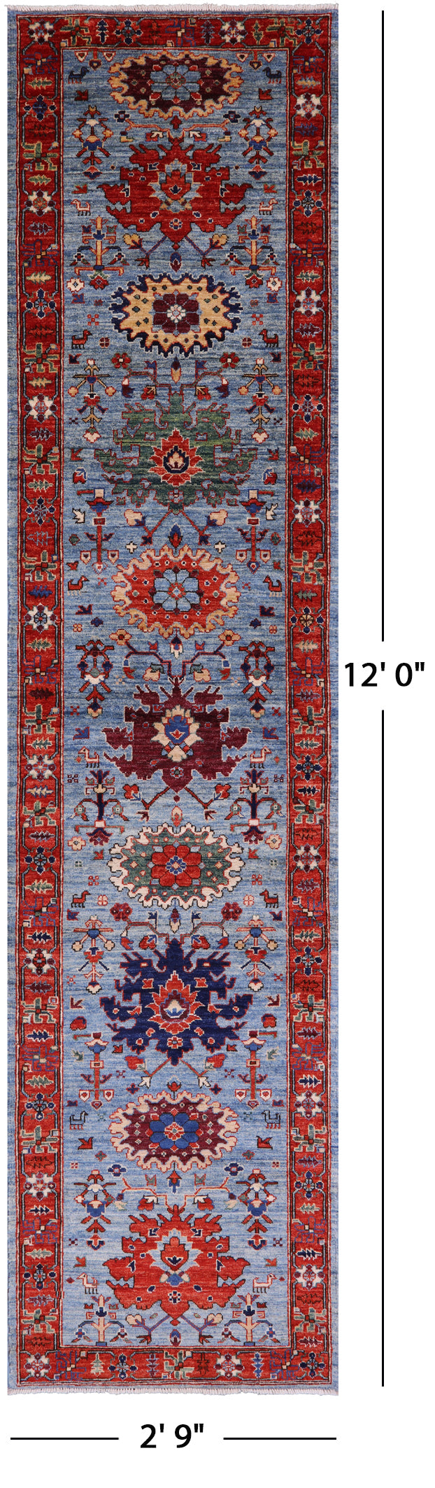 Blue Persian Fine Serapi Hand Knotted Wool Runner Rug - 2' 9" X 12' 0" - Golden Nile