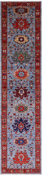 Blue Persian Fine Serapi Hand Knotted Wool Runner Rug - 2' 9" X 12' 0" - Golden Nile