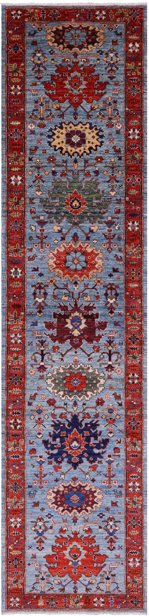 Blue Persian Fine Serapi Hand Knotted Wool Runner Rug - 2' 9" X 12' 0" - Golden Nile