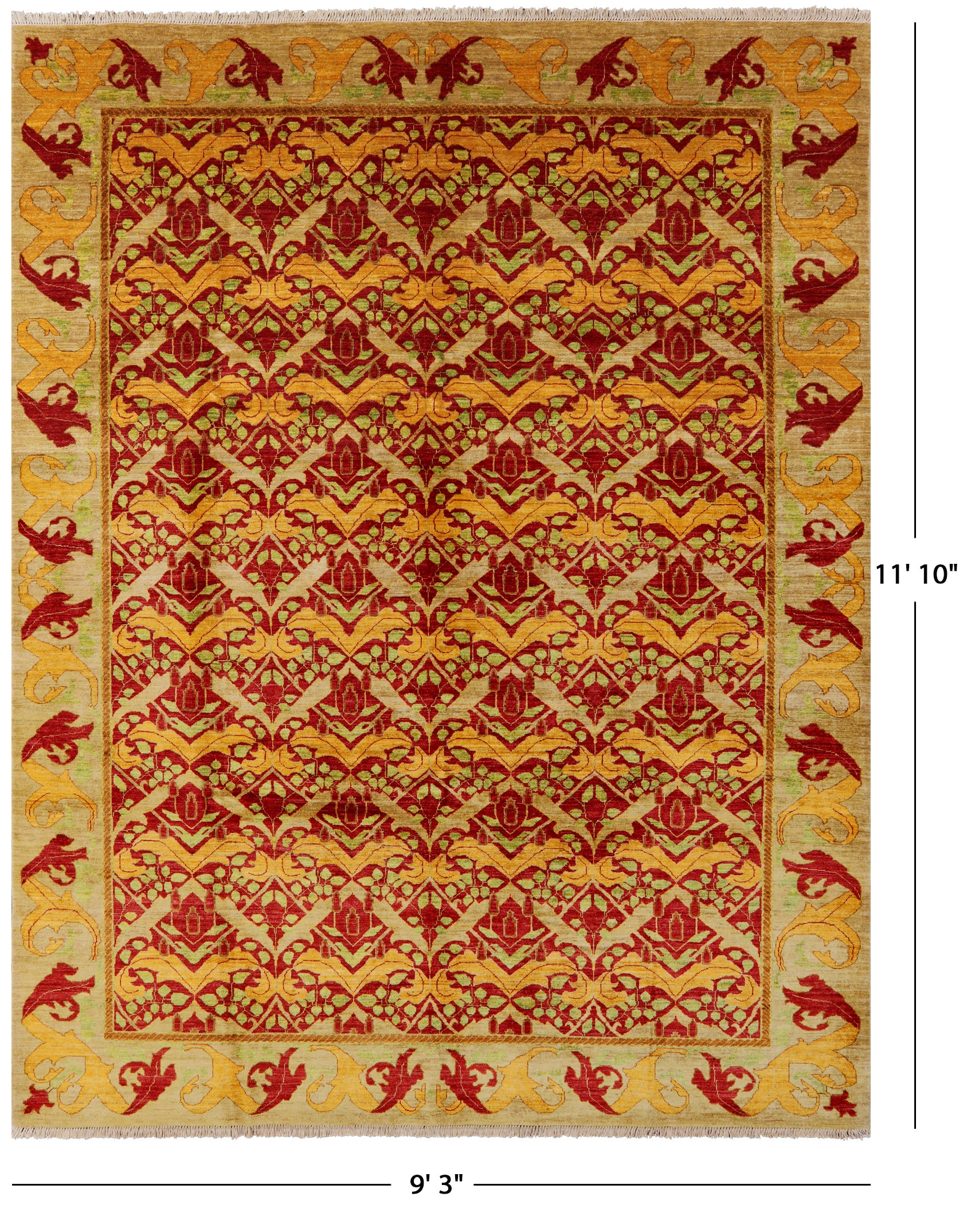 Red William Morris Hand Knotted Wool Area Rug - 9' 3" X 11' 10" - Golden Nile
