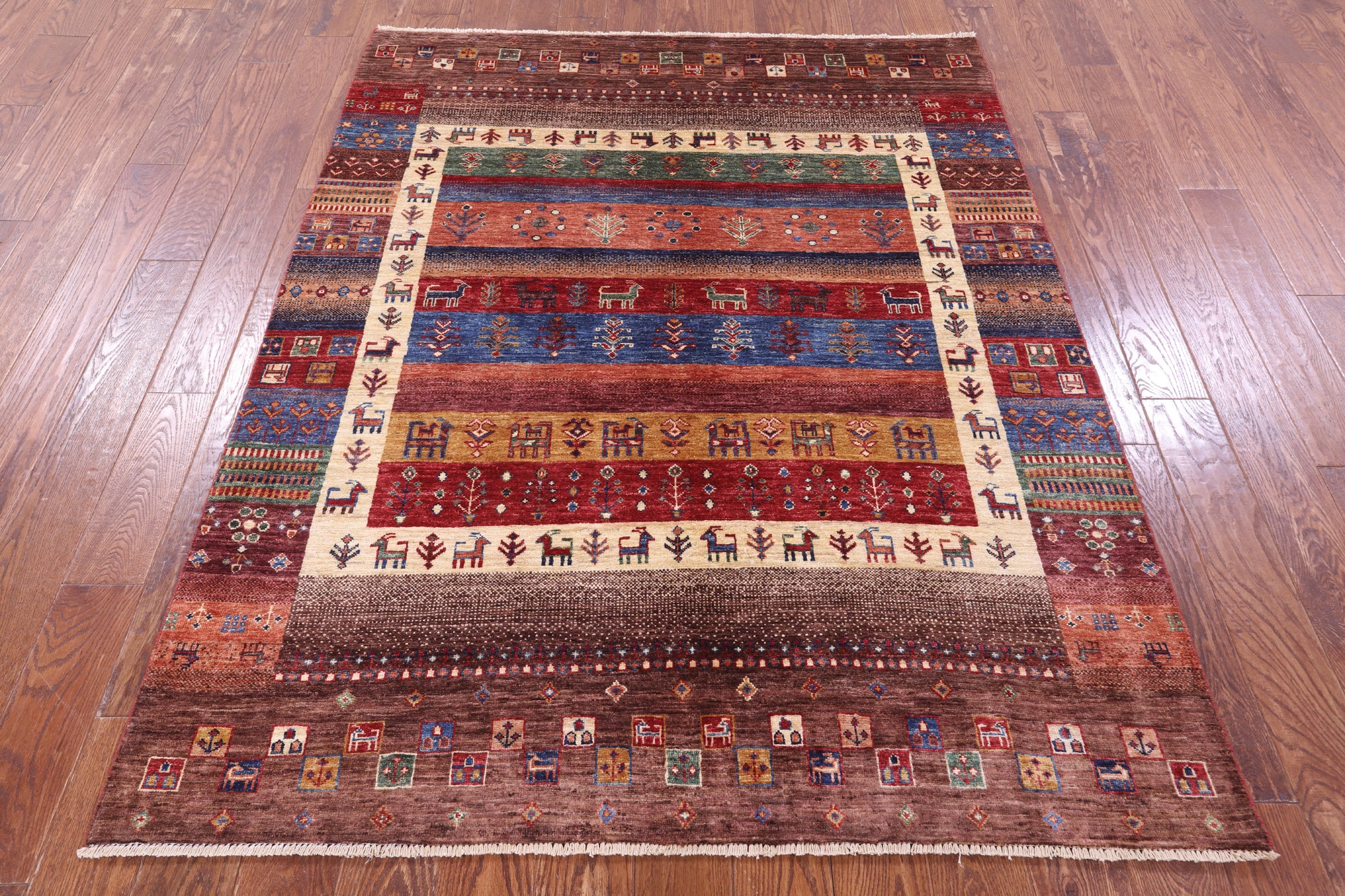 Tribal Persian Gabbeh Handmade Wool Rug - 5' 1" X 6' 5" - Golden Nile