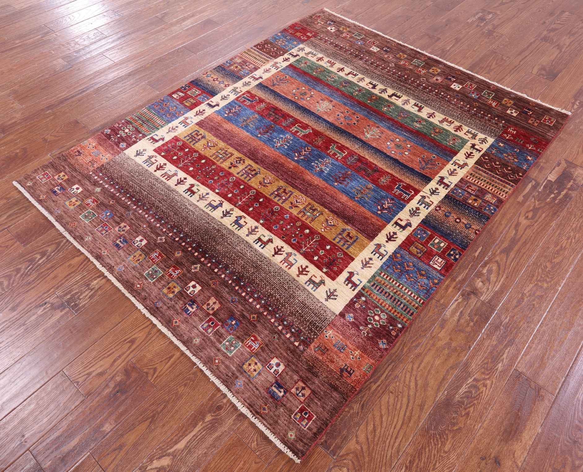 Tribal Persian Gabbeh Handmade Wool Rug - 5' 1" X 6' 5" - Golden Nile