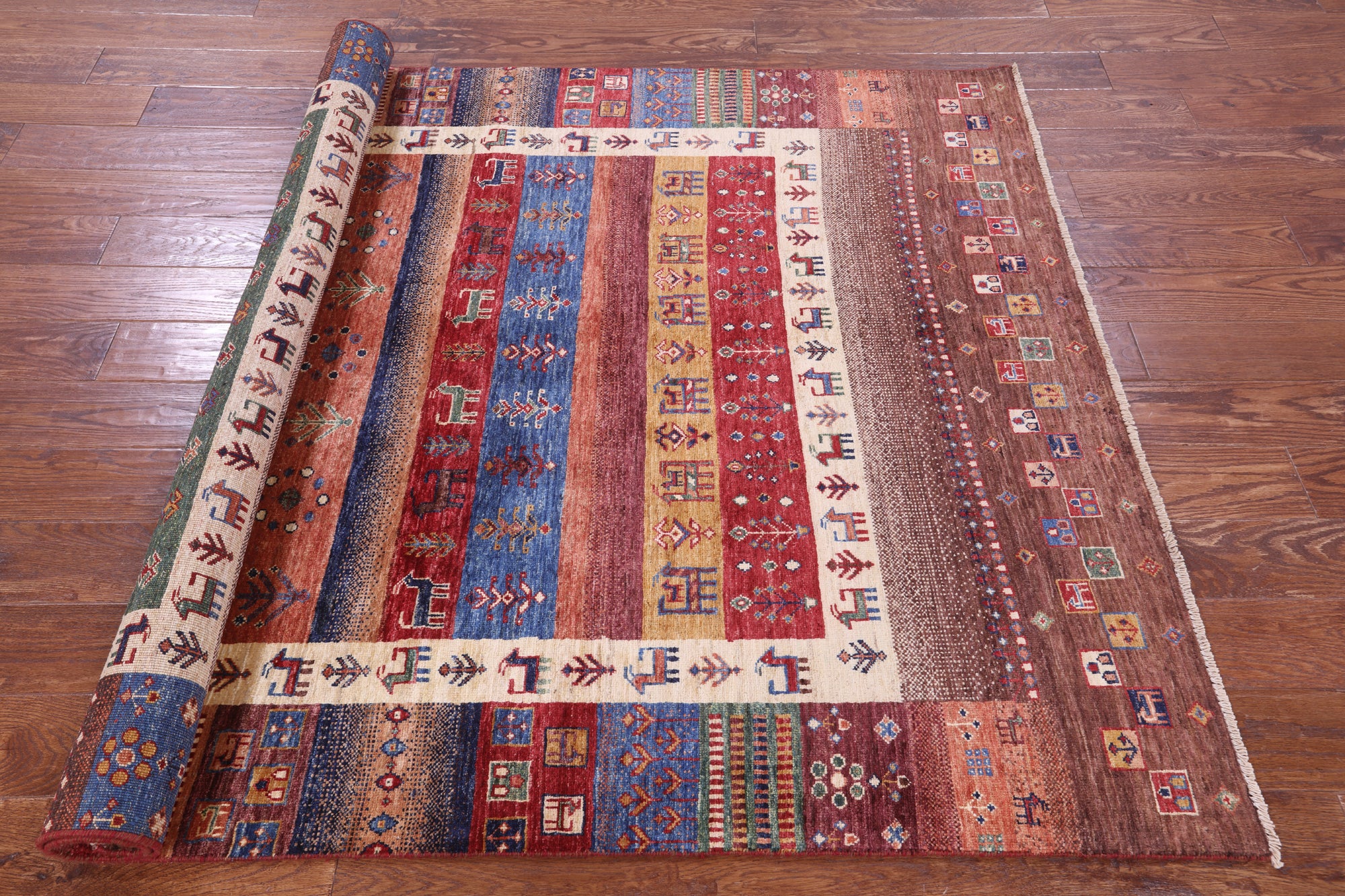 Tribal Persian Gabbeh Handmade Wool Rug - 5' 1" X 6' 5" - Golden Nile