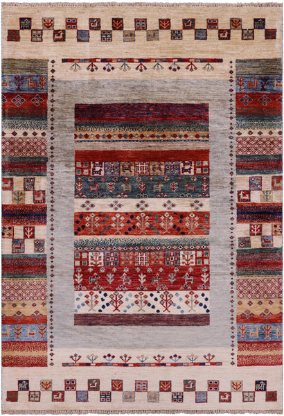 Tribal Persian Gabbeh Hand Knotted Wool Rug - 4' 0" X 5' 10" - Golden Nile