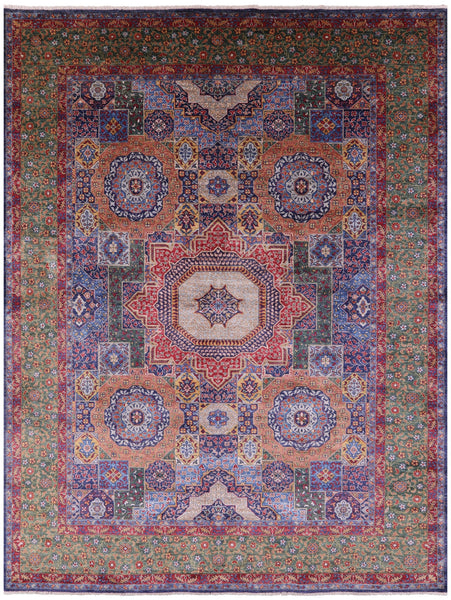 Geometric Persian Mamluk Hand Knotted Wool Rug - 9' 1" X 11' 9" - Golden Nile