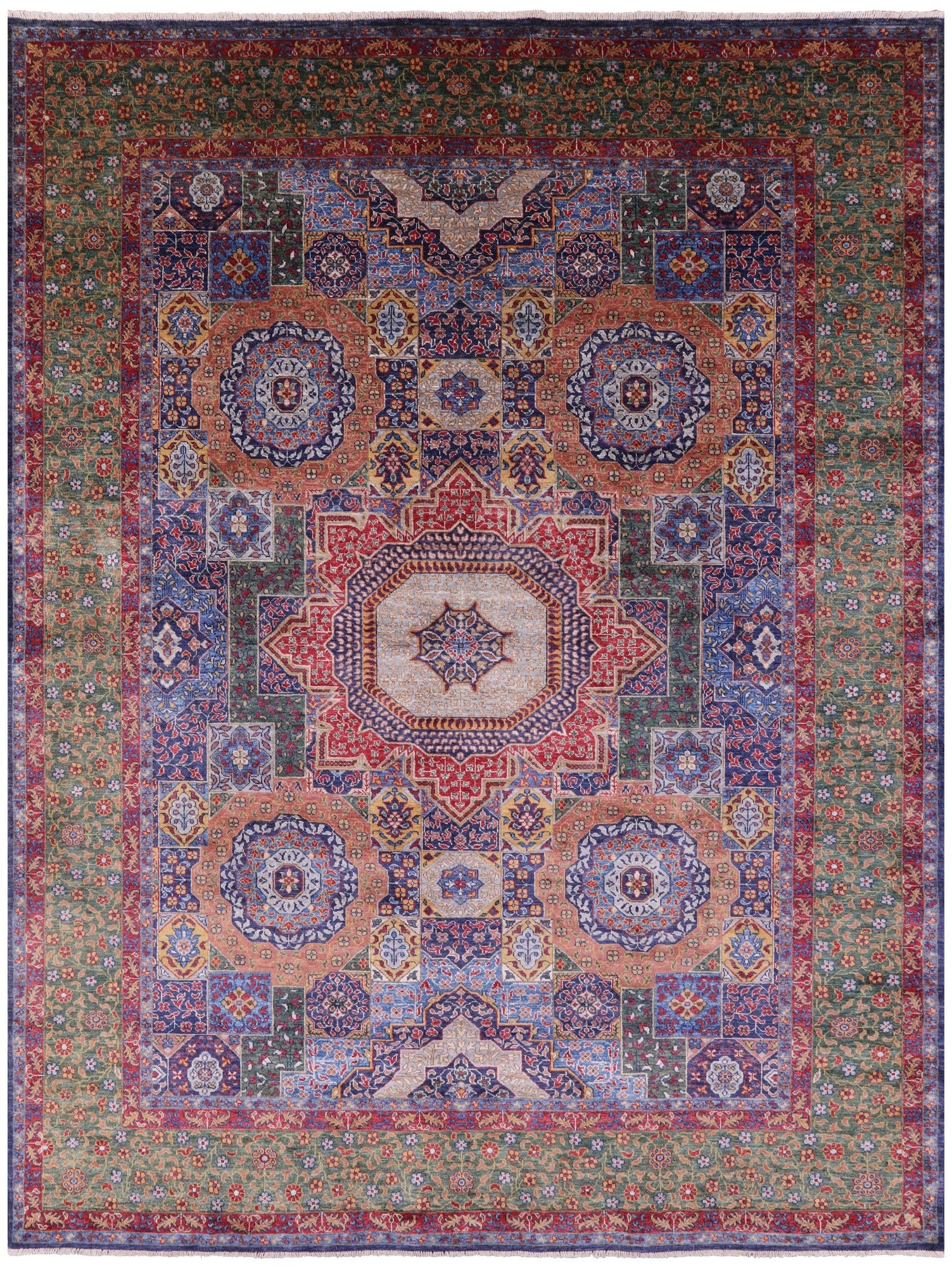 Geometric Persian Mamluk Hand Knotted Wool Rug - 9' 1" X 11' 9" - Golden Nile