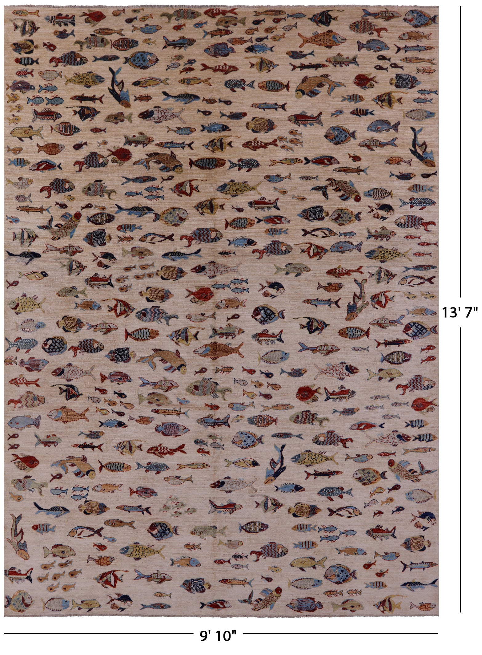 Ivory Fish Design Persian Gabbeh Hand Knotted Wool Rug - 9' 10" X 13' 7" - Golden Nile