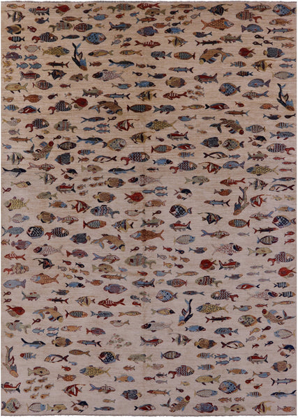 Ivory Fish Design Persian Gabbeh Hand Knotted Wool Rug - 9' 10" X 13' 7" - Golden Nile