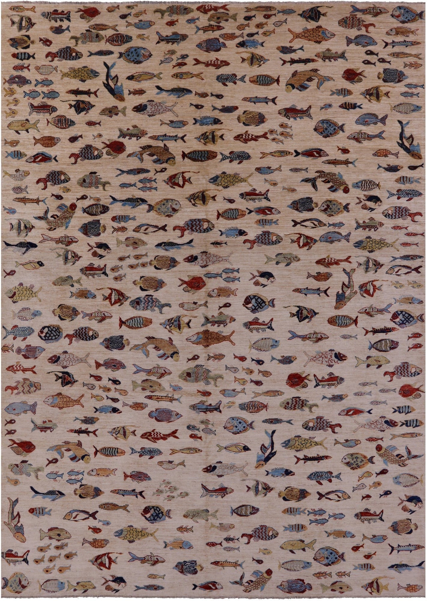 Ivory Fish Design Persian Gabbeh Hand Knotted Wool Rug - 9' 10" X 13' 7" - Golden Nile