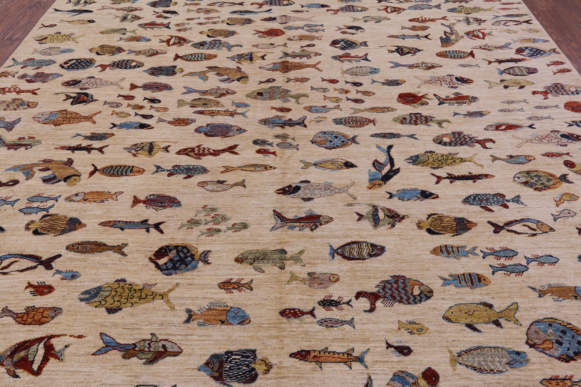 Ivory Fish Design Persian Gabbeh Hand Knotted Wool Rug - 9' 10" X 13' 7" - Golden Nile