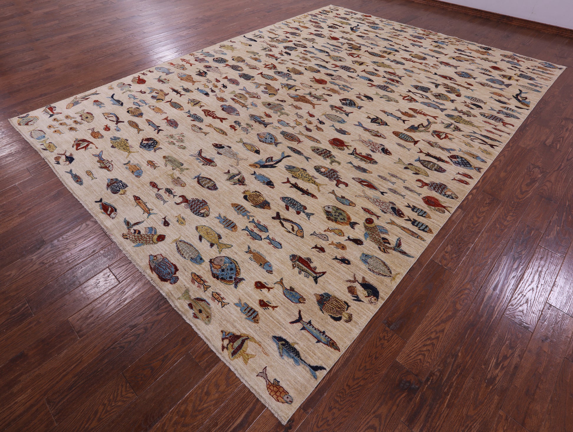 Ivory Fish Design Persian Gabbeh Hand Knotted Wool Rug - 9' 10" X 13' 7" - Golden Nile