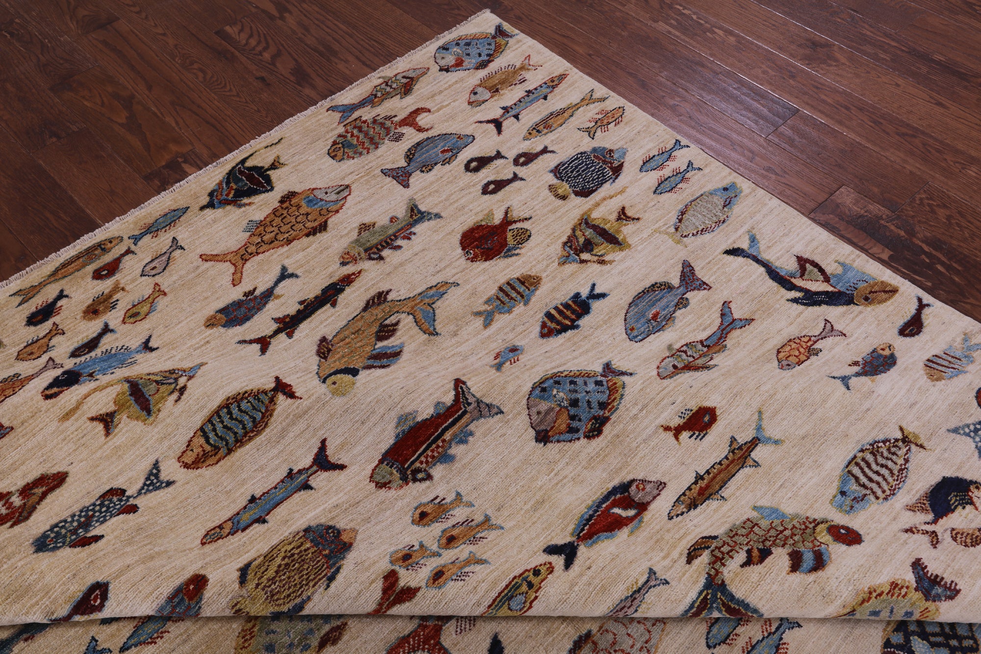 Ivory Fish Design Persian Gabbeh Hand Knotted Wool Rug - 9' 10" X 13' 7" - Golden Nile