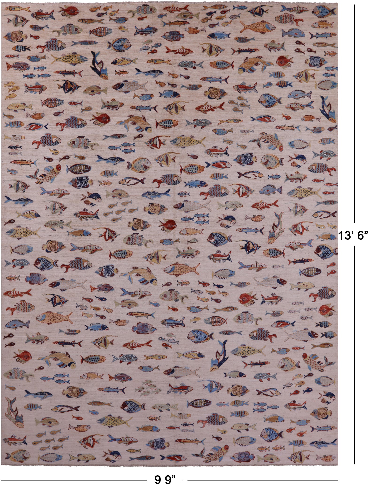 Ivory Fish Design Persian Gabbeh Handmade Wool Rug - 9' 9" X 13' 6" - Golden Nile
