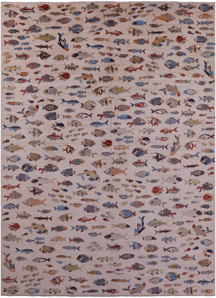 Ivory Fish Design Persian Gabbeh Handmade Wool Rug - 9' 9" X 13' 6" - Golden Nile