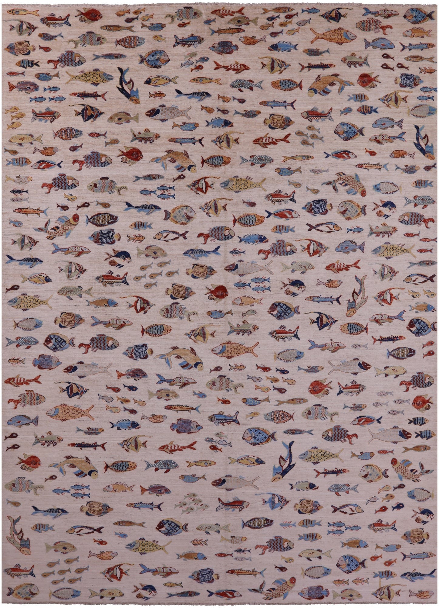 Ivory Fish Design Persian Gabbeh Handmade Wool Rug - 9' 9" X 13' 6" - Golden Nile