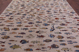 Ivory Fish Design Persian Gabbeh Handmade Wool Rug - 9' 9" X 13' 6" - Golden Nile