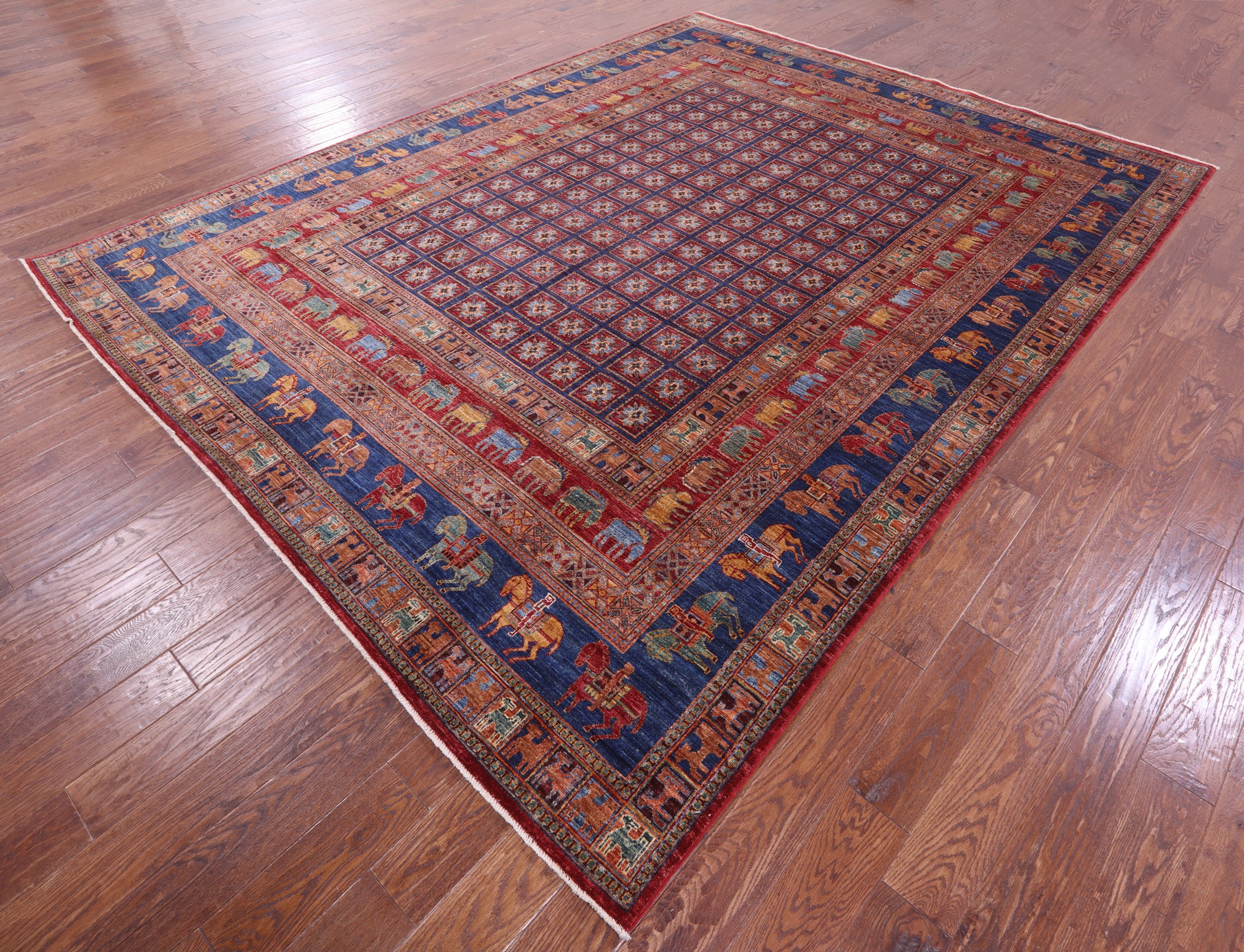 Antiqued Pazyryk Historical Design Handmade Wool Rug - 9' 0" X 11' 9" - Golden Nile