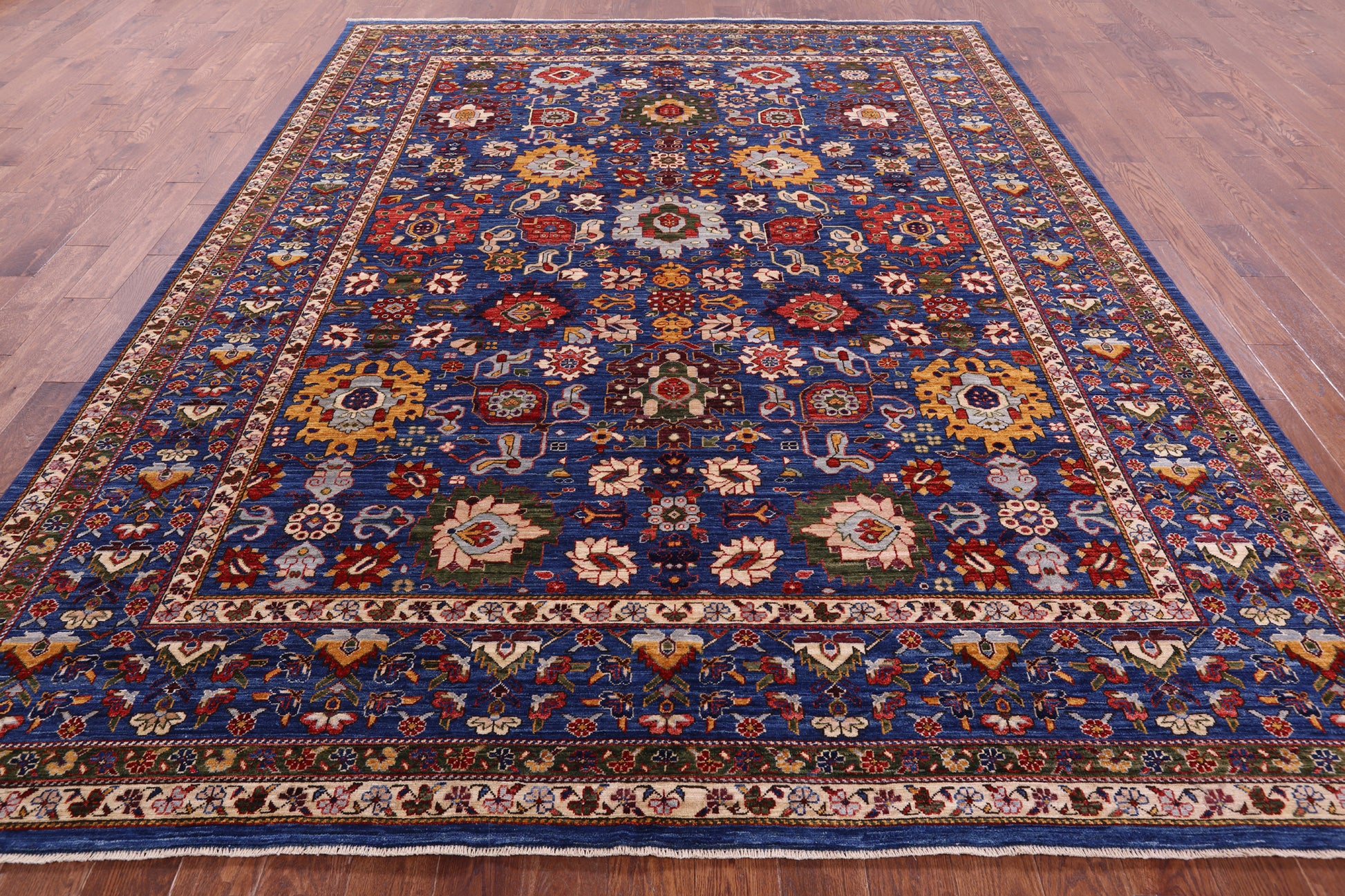 Blue Persian Fine Serapi Hand Knotted Wool Rug - 9' 0" X 11' 7" - Golden Nile