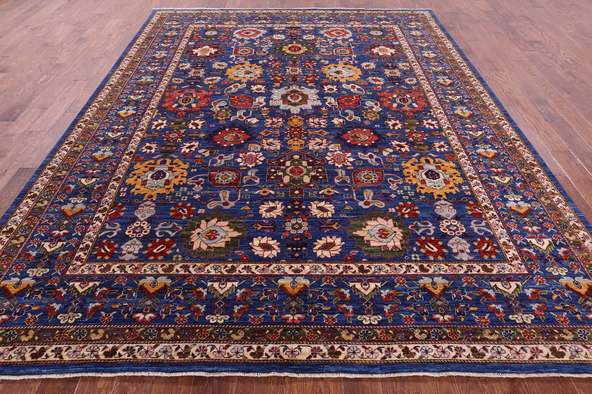 Blue Persian Fine Serapi Hand Knotted Wool Rug - 9' 0" X 11' 7" - Golden Nile