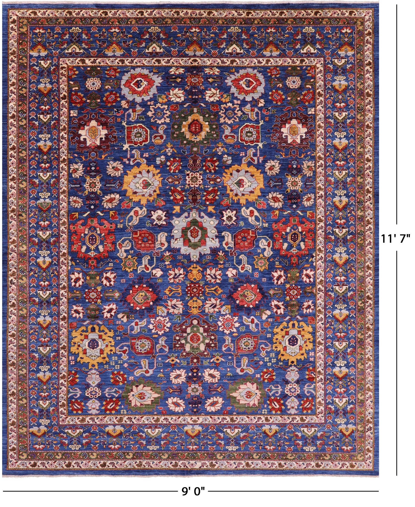 Blue Persian Fine Serapi Hand Knotted Wool Rug - 9' 0" X 11' 7" - Golden Nile