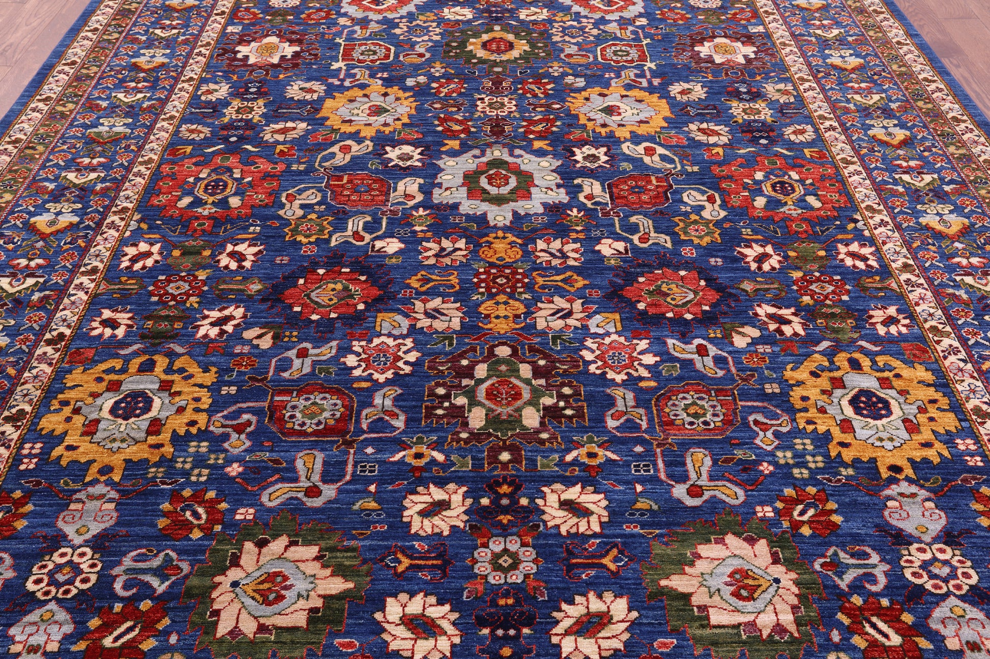 Blue Persian Fine Serapi Hand Knotted Wool Rug - 9' 0" X 11' 7" - Golden Nile