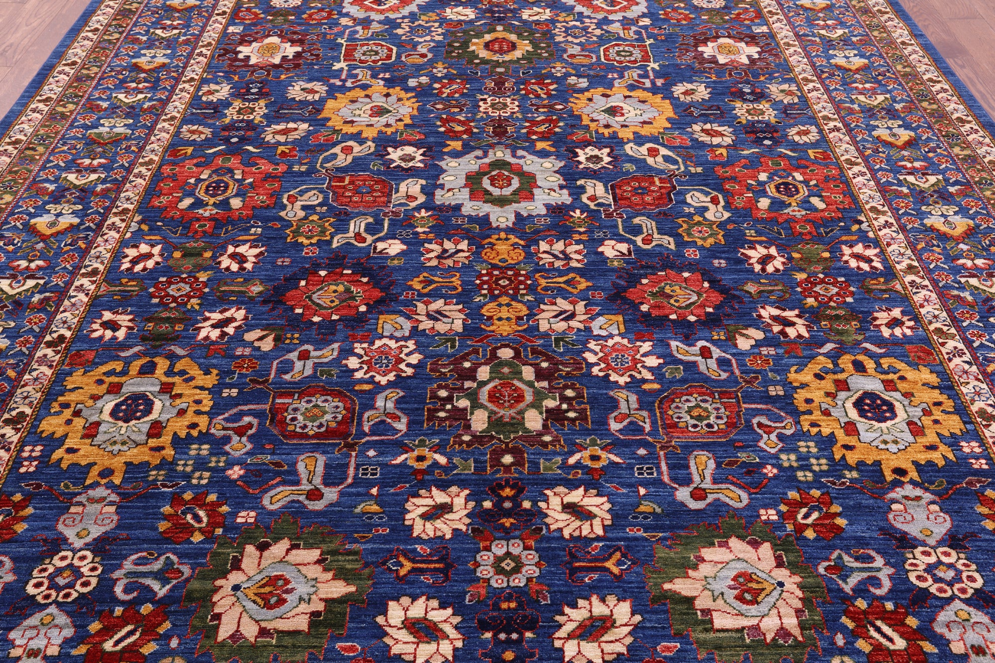 Blue Persian Fine Serapi Hand Knotted Wool Rug - 9' 0" X 11' 7" - Golden Nile