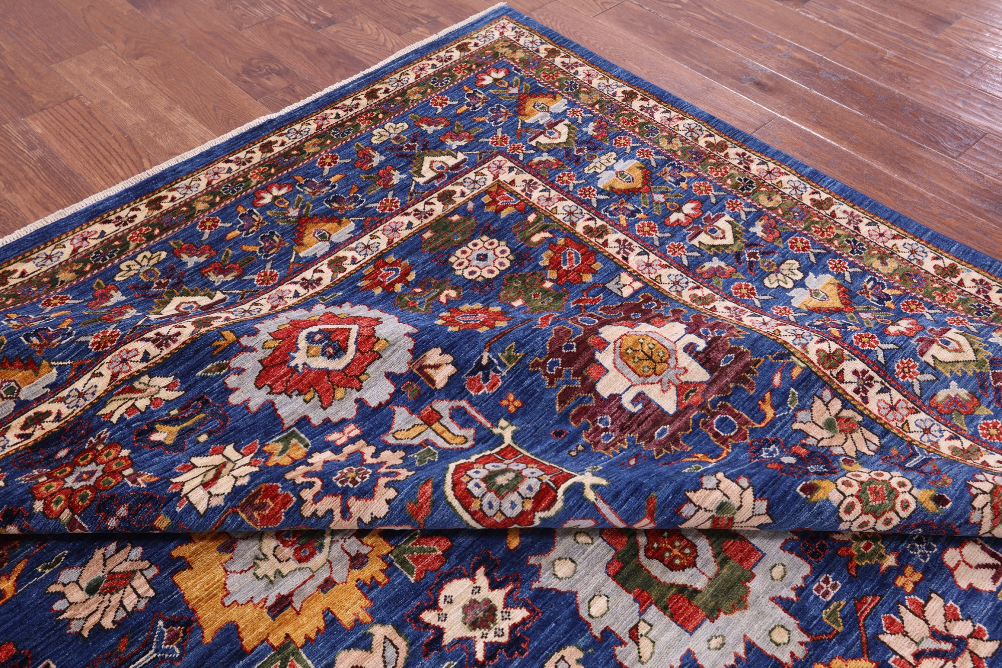 Blue Persian Fine Serapi Hand Knotted Wool Rug - 9' 0" X 11' 7" - Golden Nile