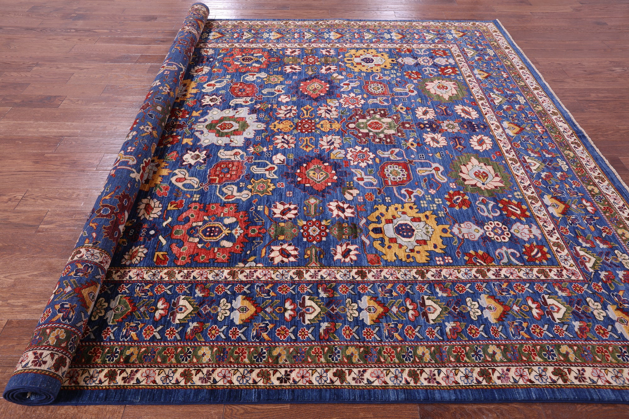 Blue Persian Fine Serapi Hand Knotted Wool Rug - 9' 0" X 11' 7" - Golden Nile