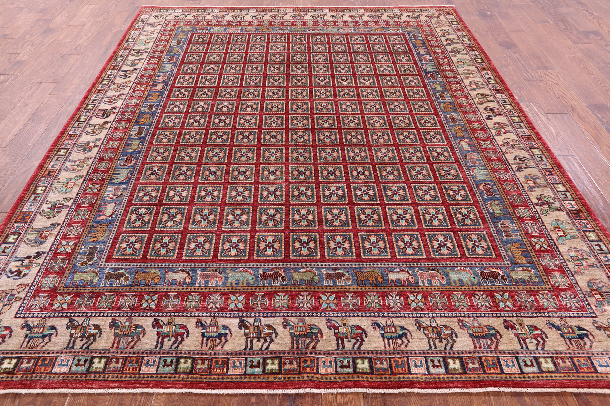 Antiqued Pazyryk Historical Design Handmade Wool Rug - 8' 2" X 9' 10" - Golden Nile