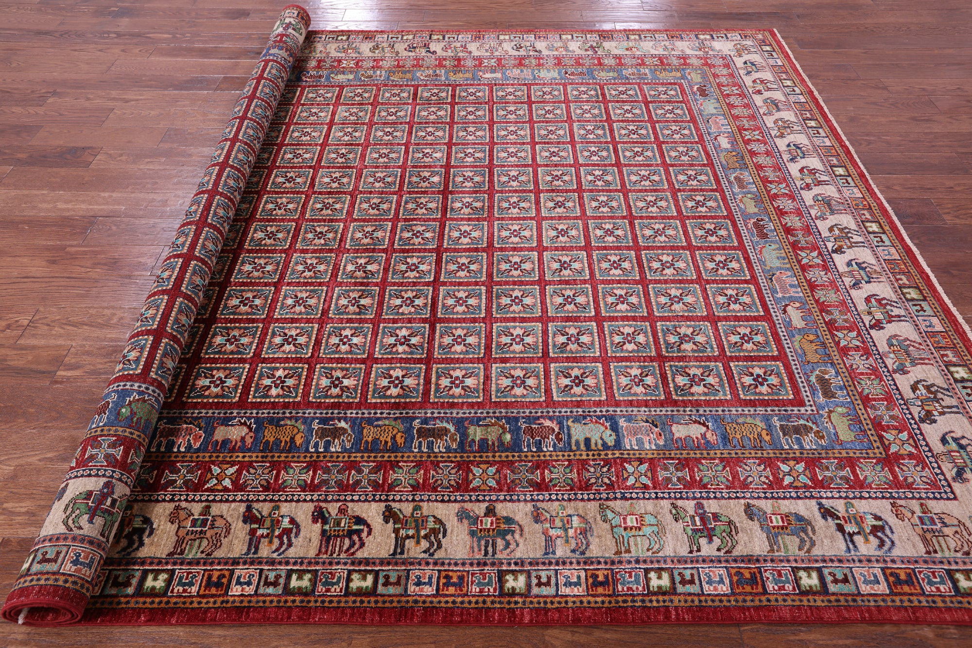 Antiqued Pazyryk Historical Design Handmade Wool Rug - 8' 2" X 9' 10" - Golden Nile