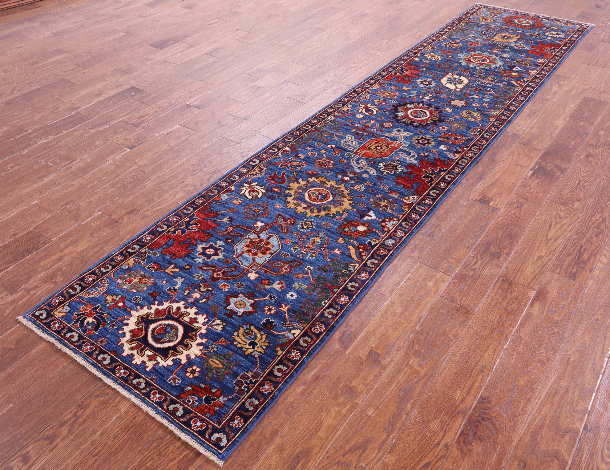 Blue Persian Fine Serapi Hand Knotted Wool Runner Rug - 2' 8" X 12' 1" - Golden Nile