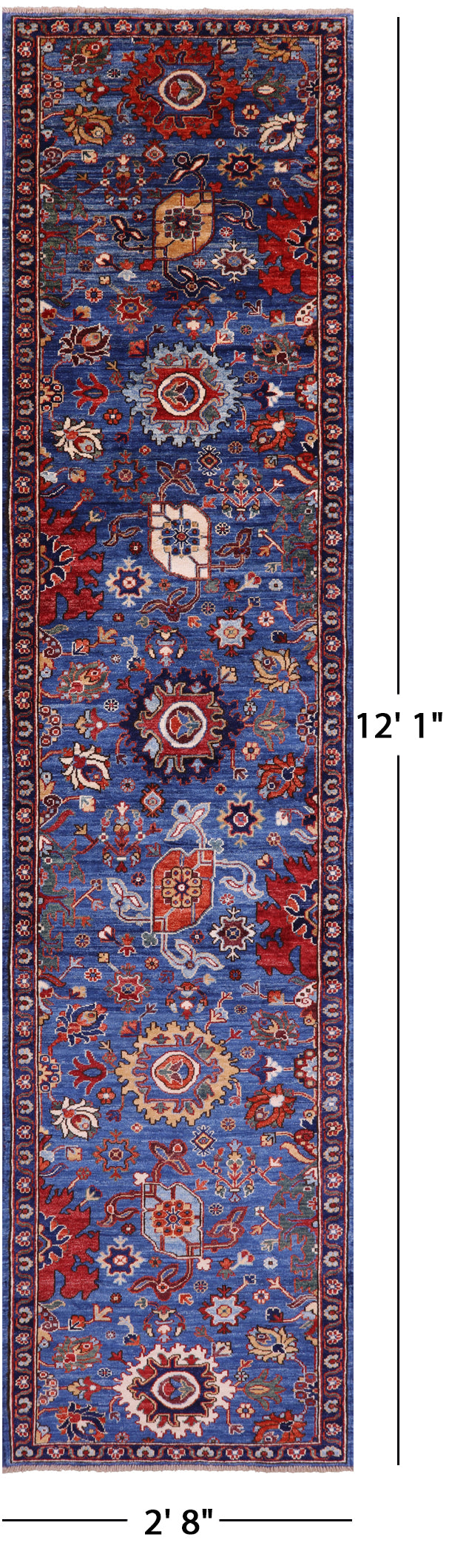 Blue Persian Fine Serapi Hand Knotted Wool Runner Rug - 2' 8" X 12' 1" - Golden Nile