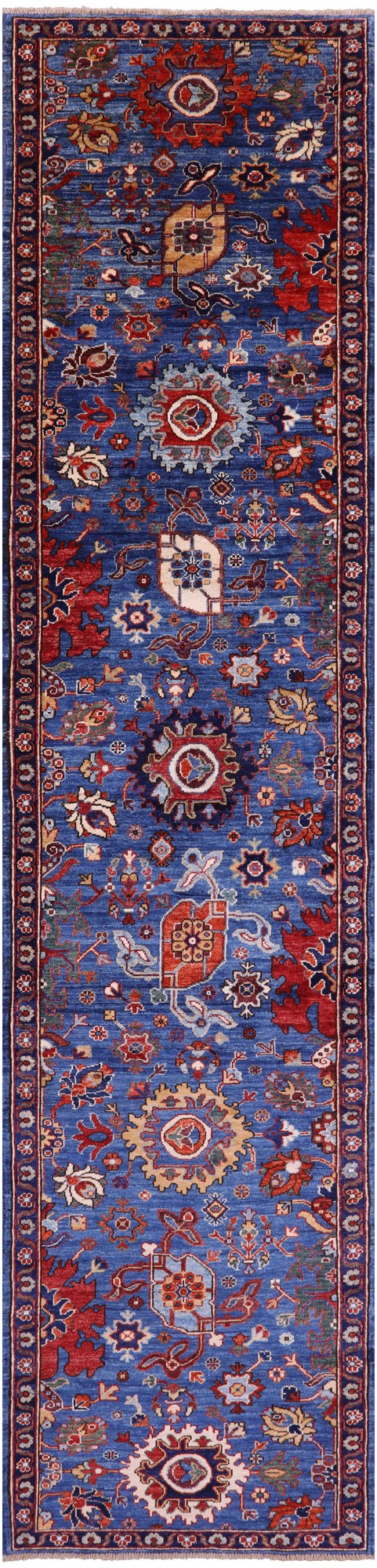 Blue Persian Fine Serapi Hand Knotted Wool Runner Rug - 2' 8" X 12' 1" - Golden Nile