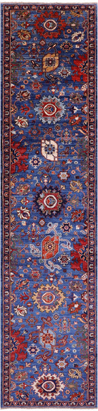 Blue Persian Fine Serapi Hand Knotted Wool Runner Rug - 2' 8" X 12' 1" - Golden Nile