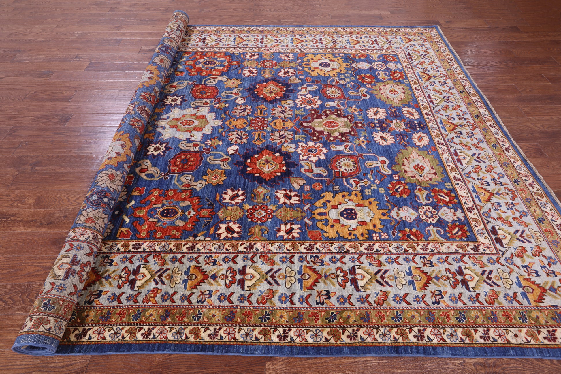 Blue Persian Fine Serapi Hand Knotted Wool Rug - 8' 10" X 11' 9" - Golden Nile