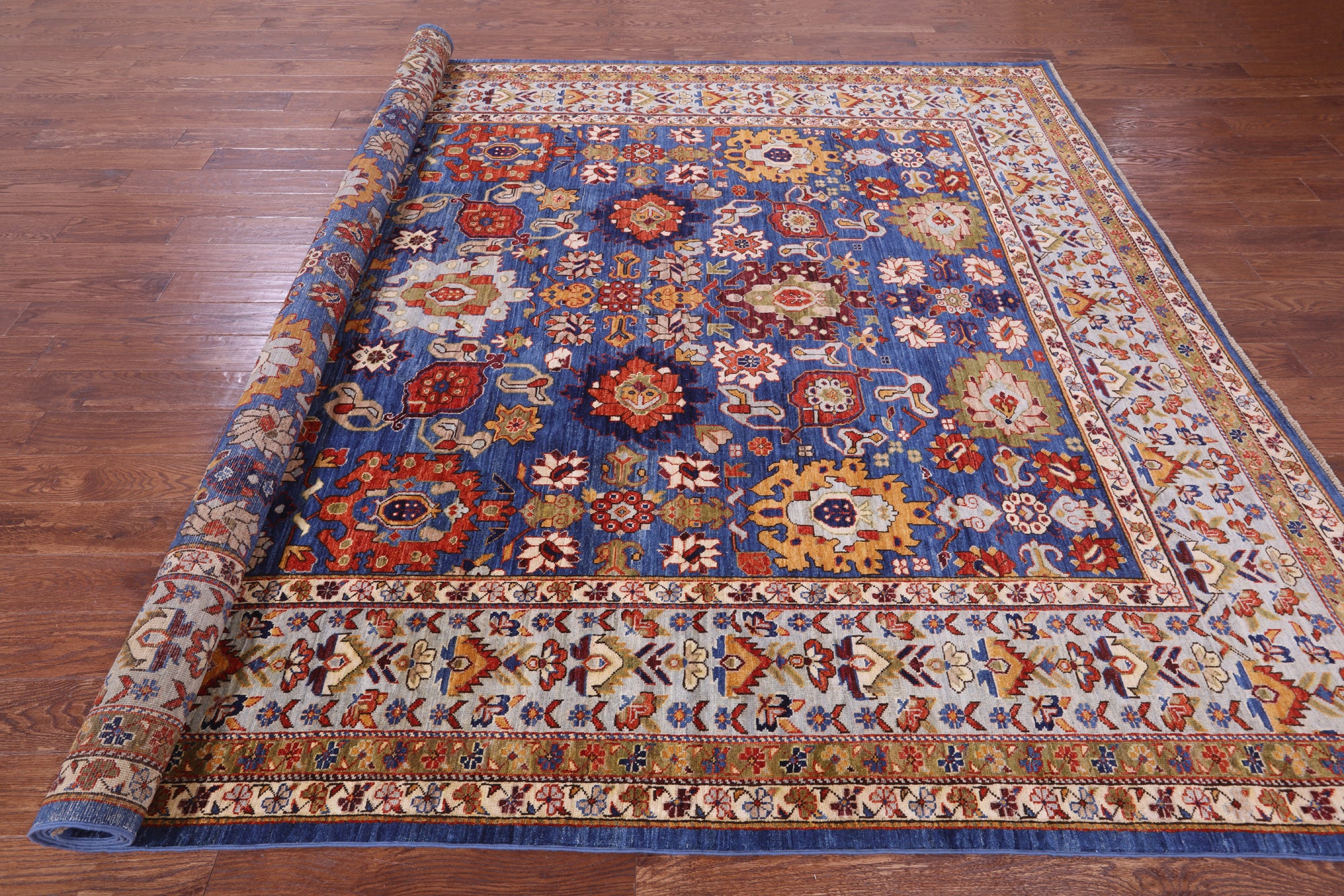 Blue Persian Fine Serapi Hand Knotted Wool Rug - 8' 10" X 11' 9" - Golden Nile