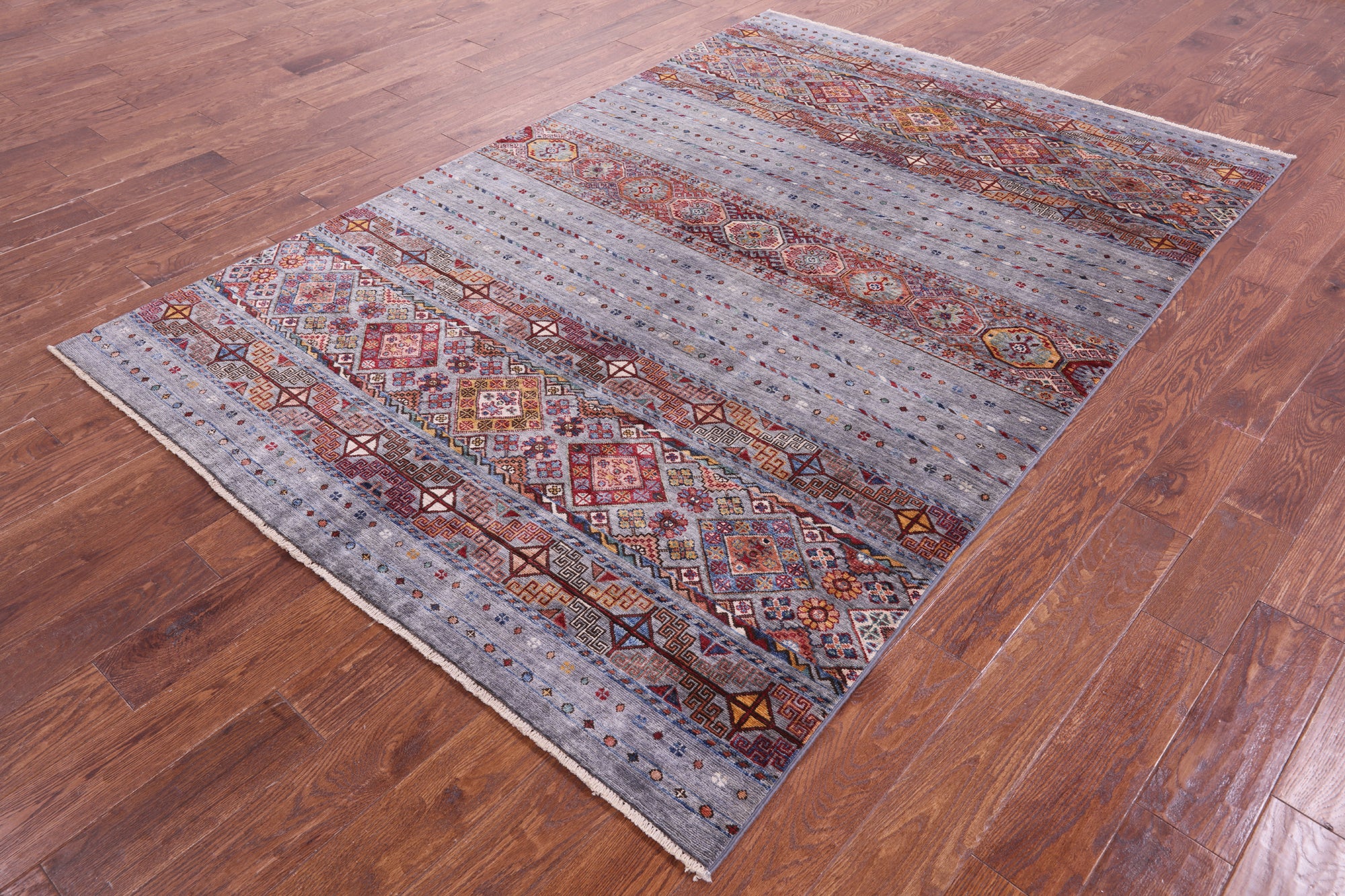 Grey Khorjin Persian Gabbeh Hand Knotted Wool Rug - 5' 7" X 8' 4" - Golden Nile