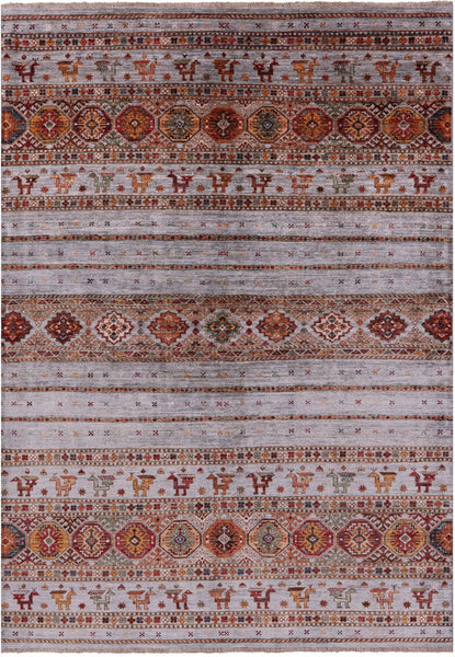 Grey Tribal Persian Gabbeh Hand Knotted Wool Rug - 5' 8" X 8' 1" - Golden Nile