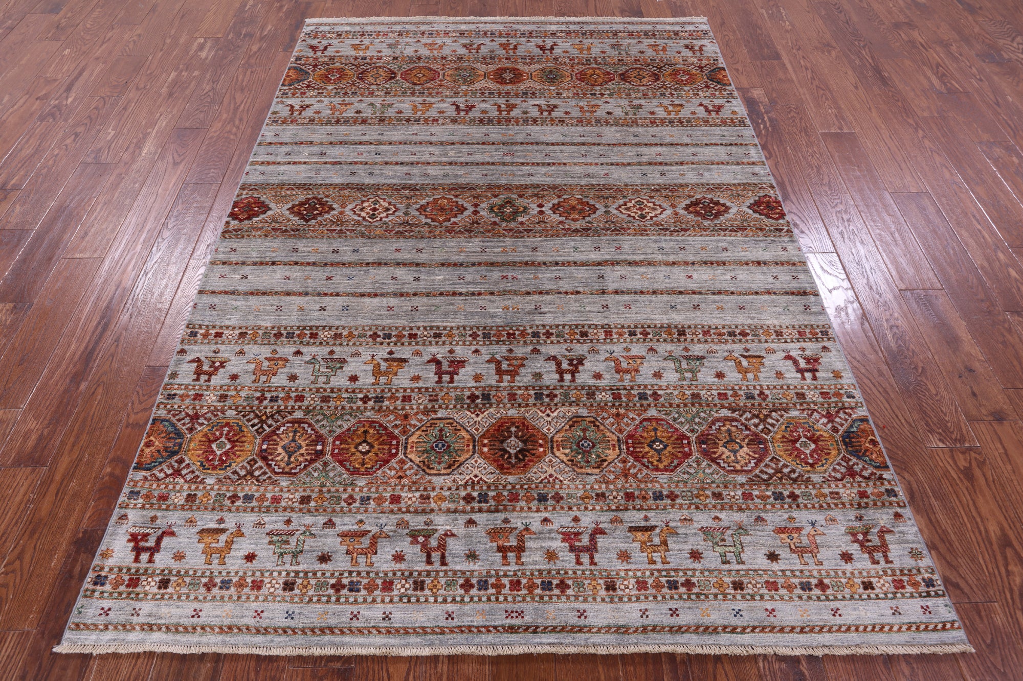 Grey Tribal Persian Gabbeh Hand Knotted Wool Rug - 5' 8" X 8' 1" - Golden Nile