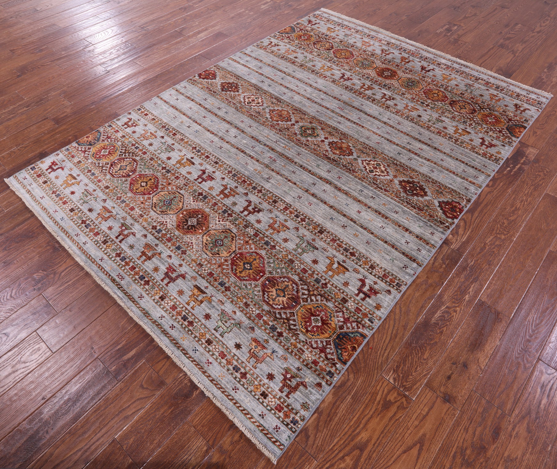Grey Tribal Persian Gabbeh Hand Knotted Wool Rug - 5' 8" X 8' 1" - Golden Nile