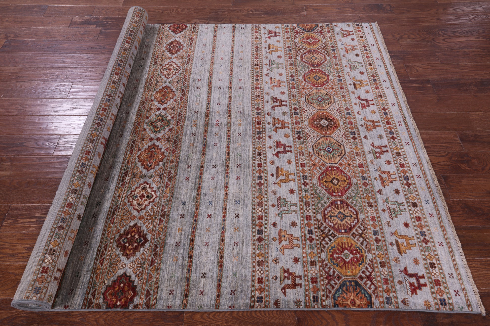 Grey Tribal Persian Gabbeh Hand Knotted Wool Rug - 5' 8" X 8' 1" - Golden Nile