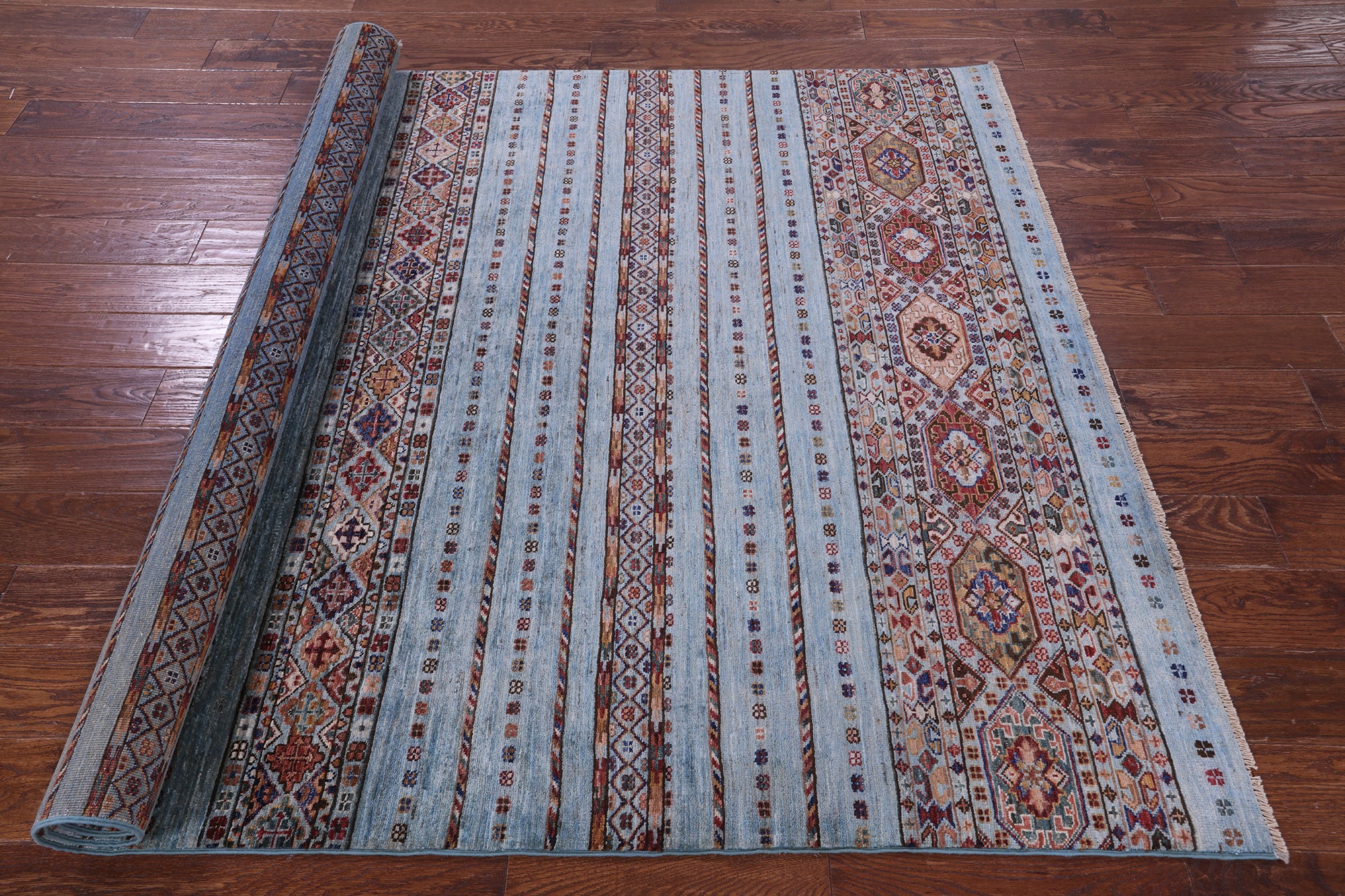 Blue Khorjin Persian Gabbeh Hand Knotted Wool Rug - 5' 5" X 7' 8" - Golden Nile