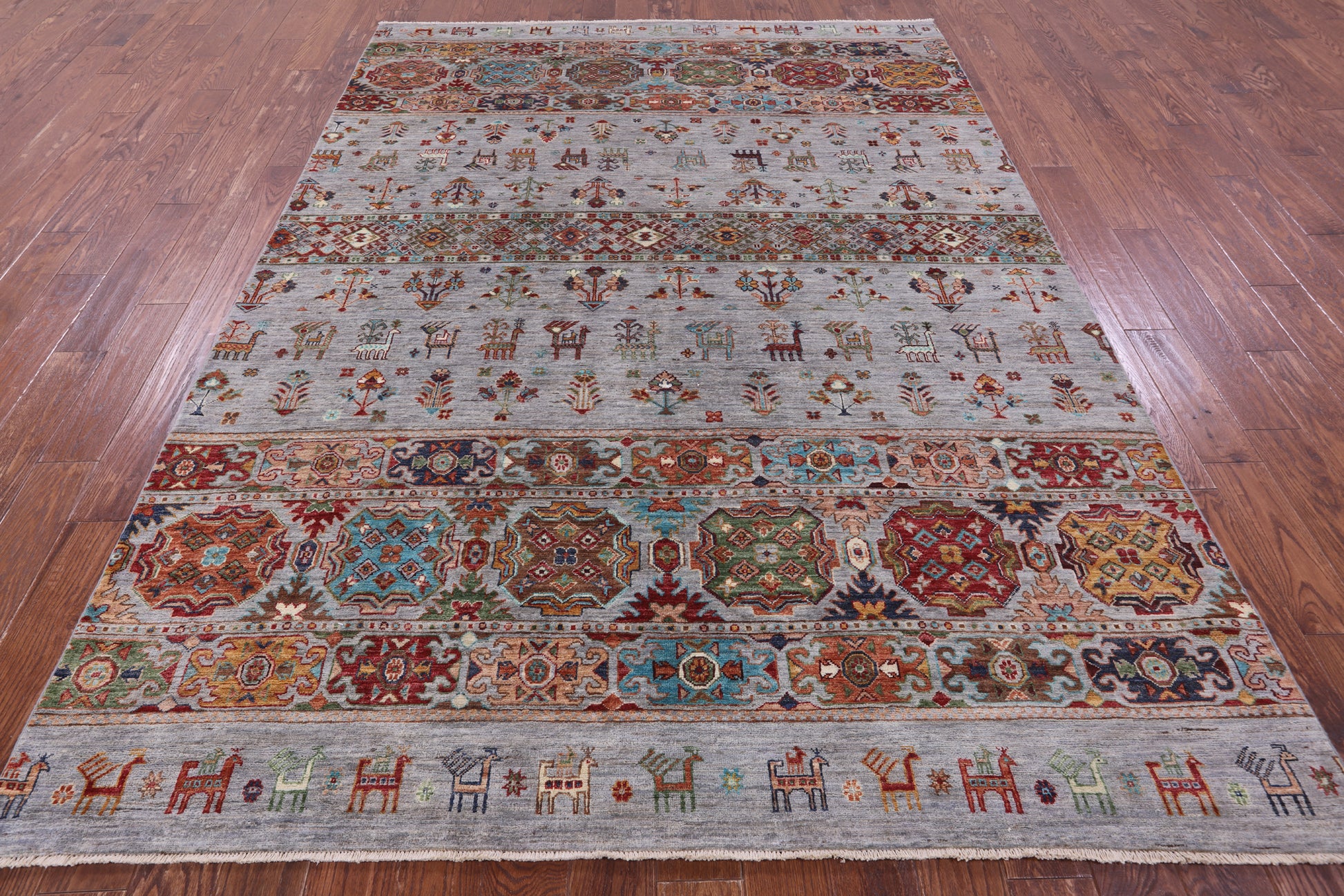 Grey Tribal Persian Gabbeh Hand Knotted Wool Rug - 7' 0" X 9' 8" - Golden Nile