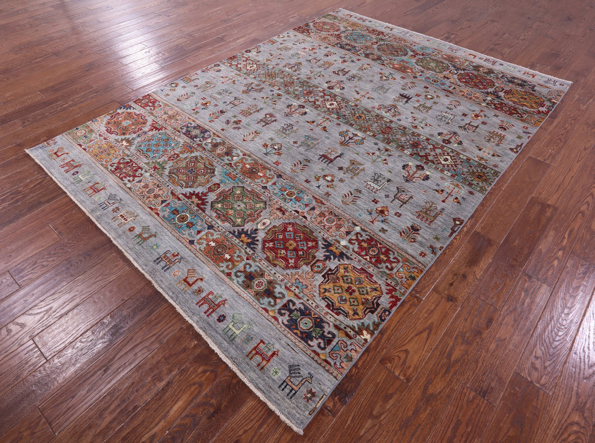 Grey Tribal Persian Gabbeh Hand Knotted Wool Rug - 7' 0" X 9' 8" - Golden Nile