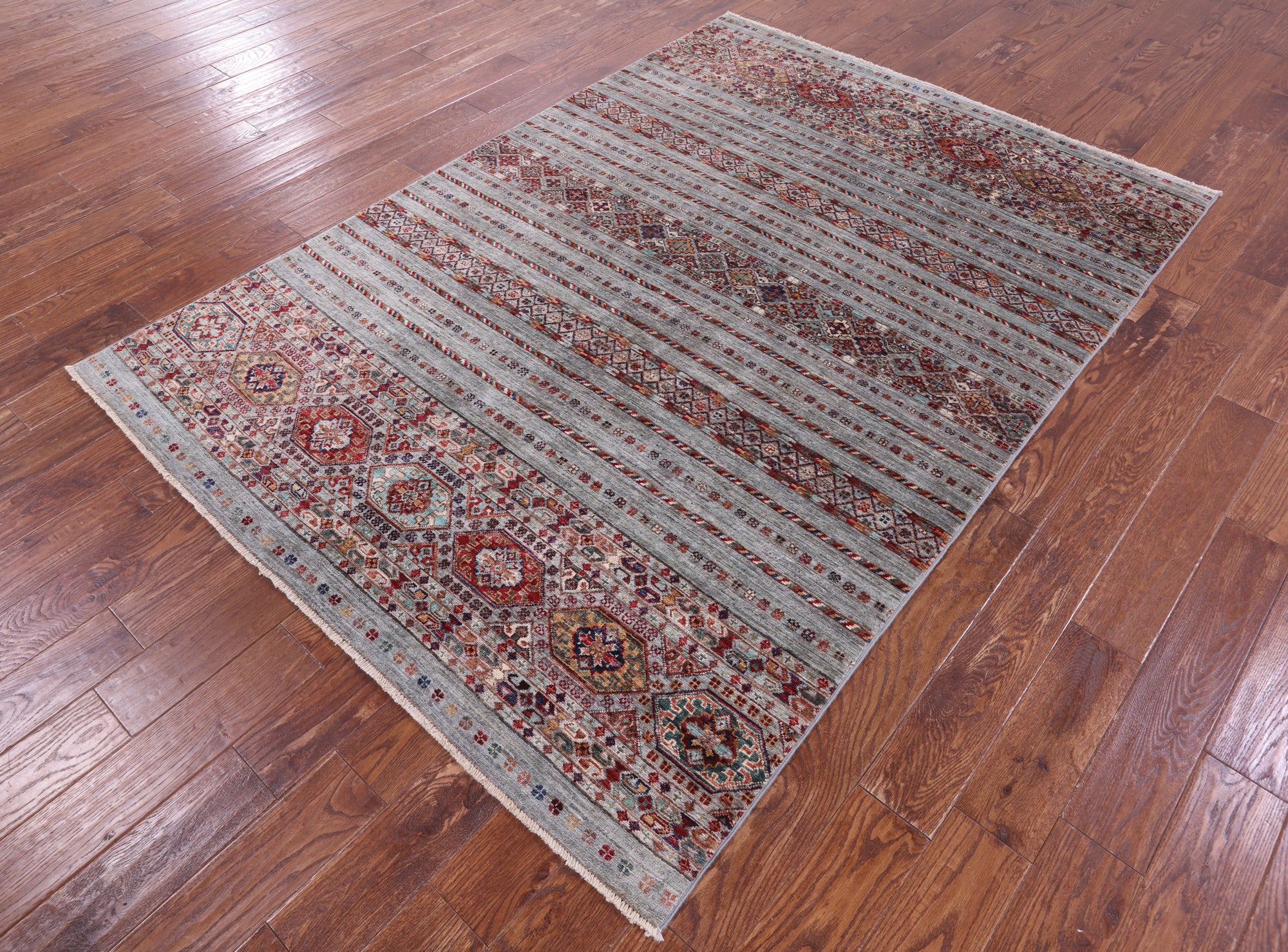 Grey Khorjin Persian Gabbeh Hand Knotted Wool Rug - 5' 5" X 7' 10" - Golden Nile
