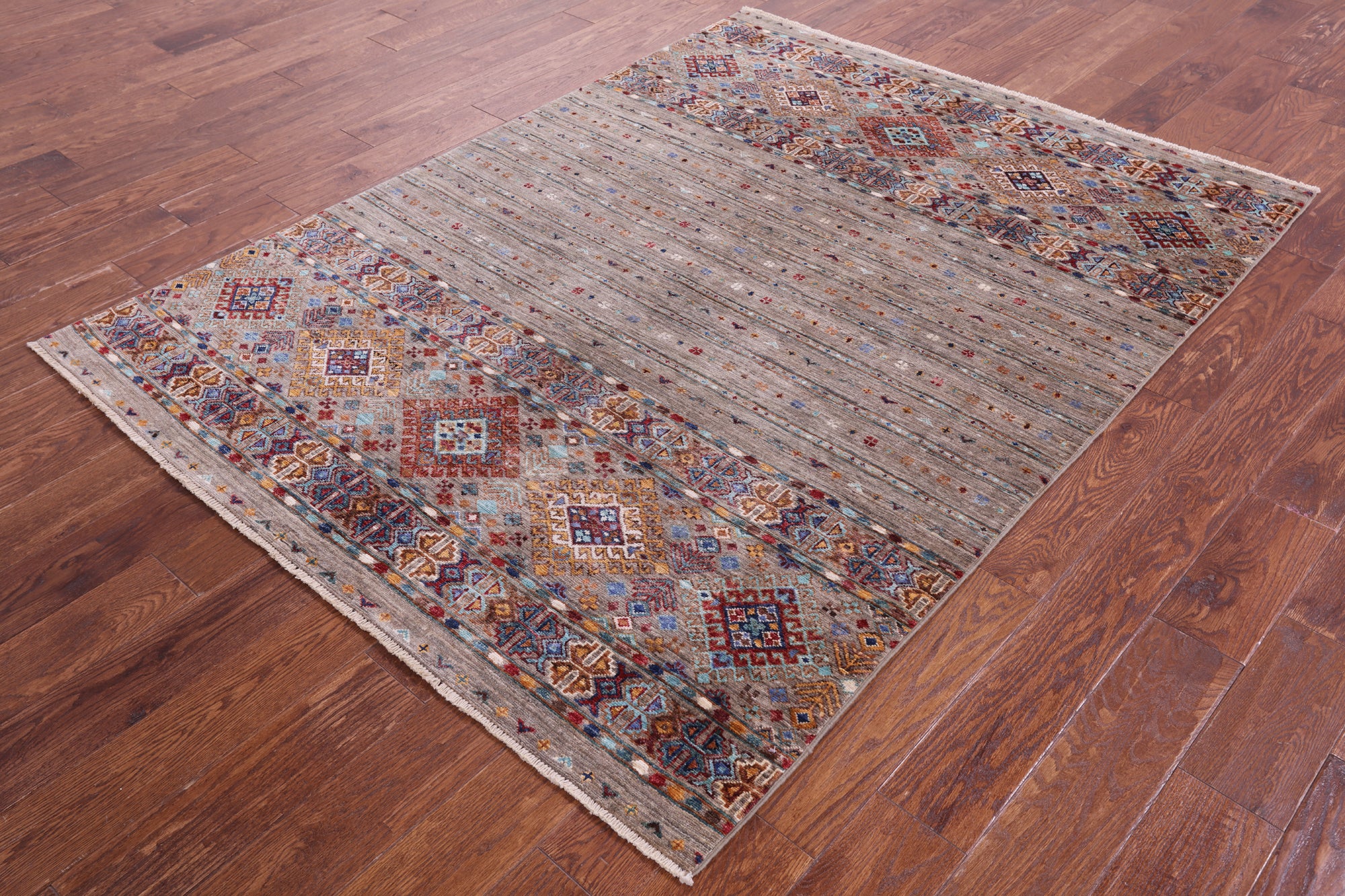 Khorjin Persian Gabbeh Hand Knotted Wool Rug - 5' 0" X 6' 8" - Golden Nile